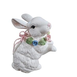 Vintage Italy Ceramic Bunny with Pink Bow and Flowers